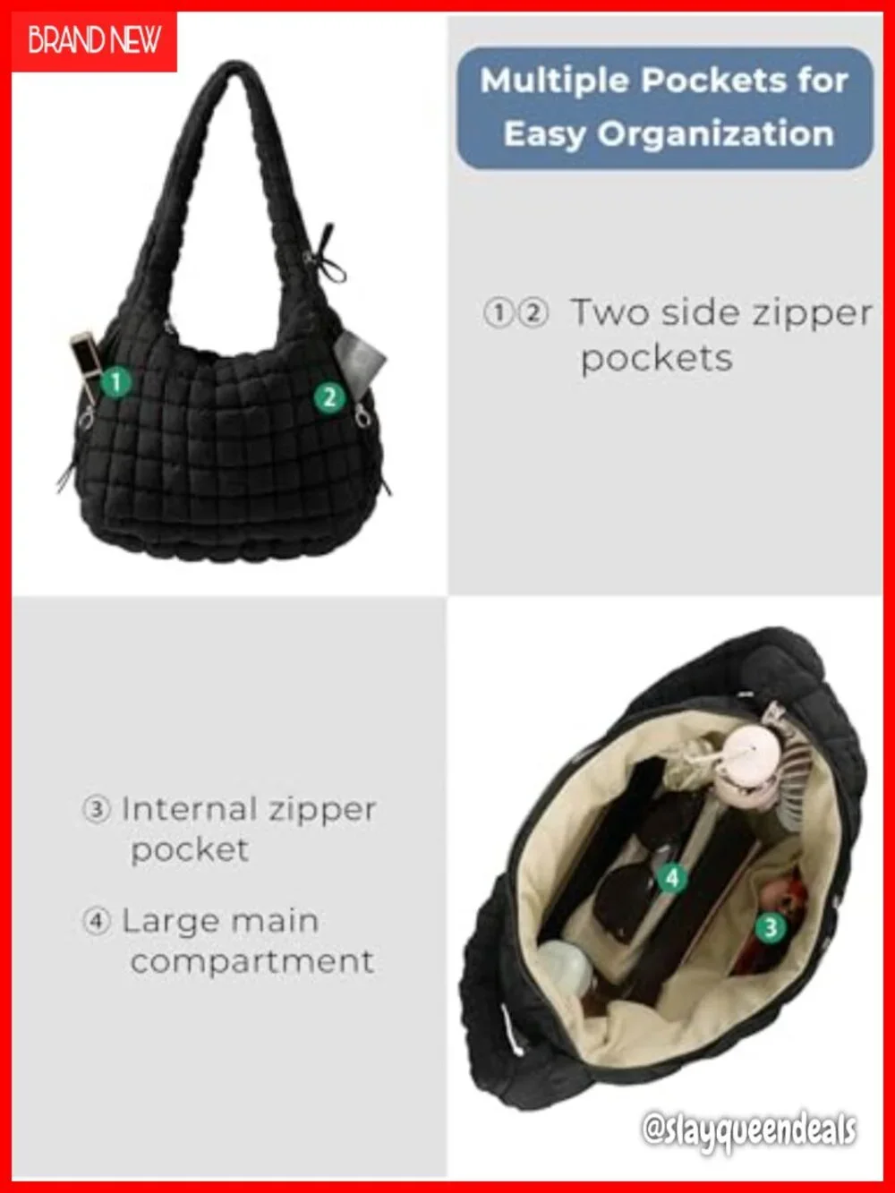Quilted Nylon Puffer Tote Bag Hobo Crossbody Shoulder Purse Large